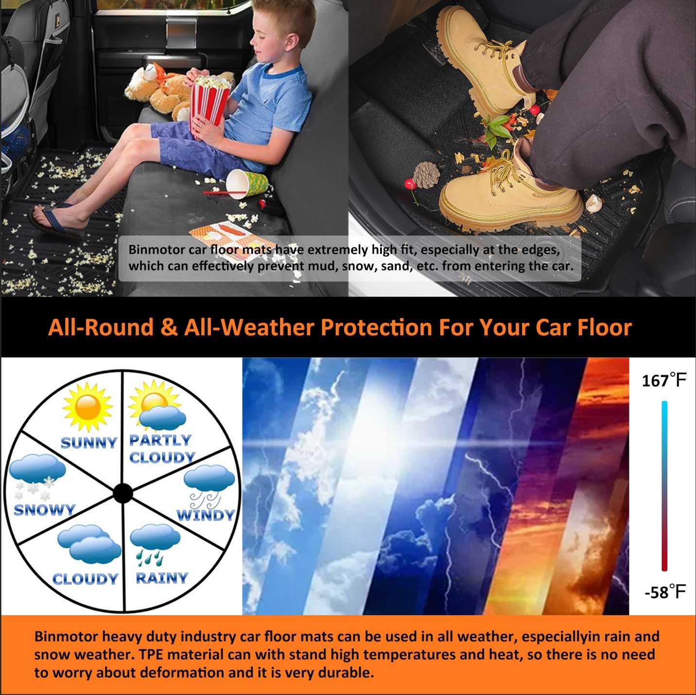 Binmotor-Floor Mats for Chevy/Chevrolet Colorado Crew Cab丨1st & 2nd Row丨All Weather Protection丨Heavy Duty Car Floor Mats for Chevy/Chevrolet Colorado（compatible year 2023-2024）